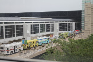 Line of Bookmobiles on Display